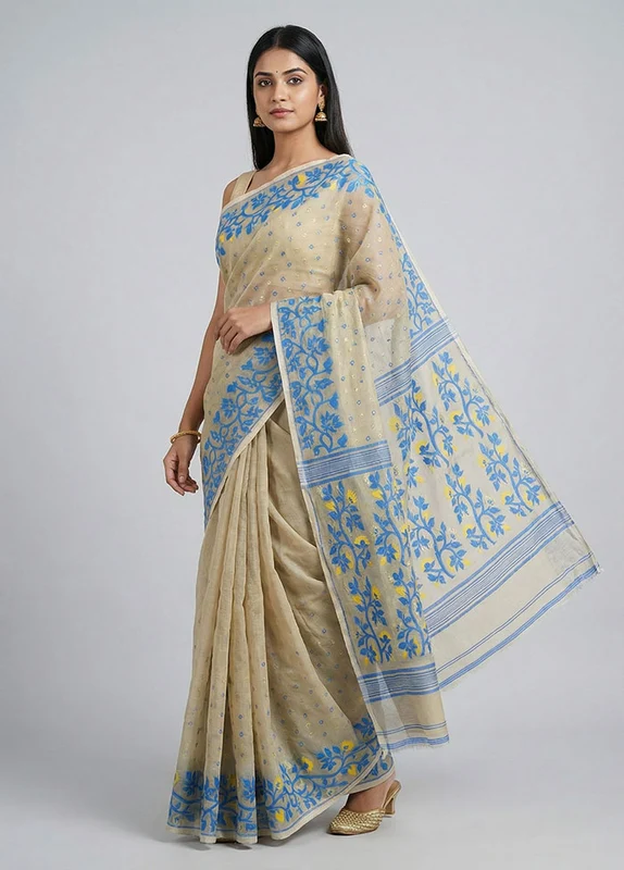 Cream Jamdani Cotton Saree Without Blouse Piece One Size