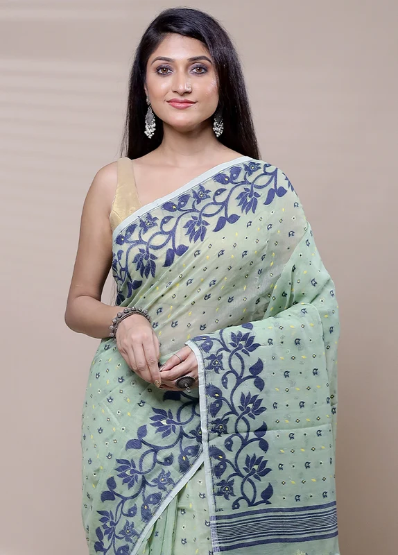 Green Tant Jamdani Saree Without Blouse Piece Onesize