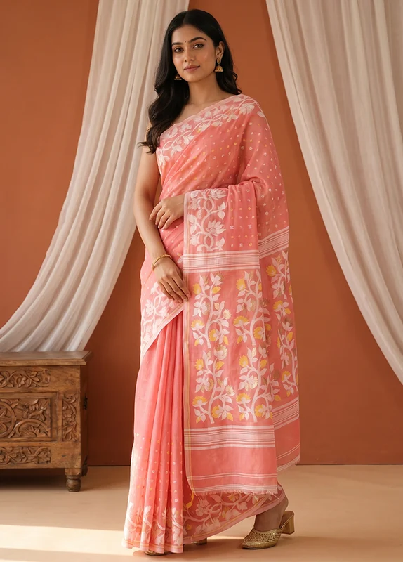 Pink Jamdani Cotton Saree Without Blouse Piece One Size