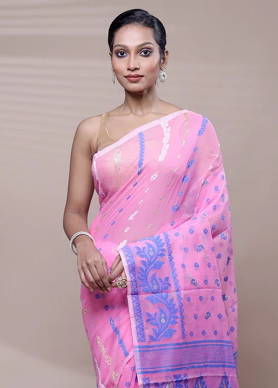 Pink Tant Jamdani Saree Without Blouse Piece Onesize