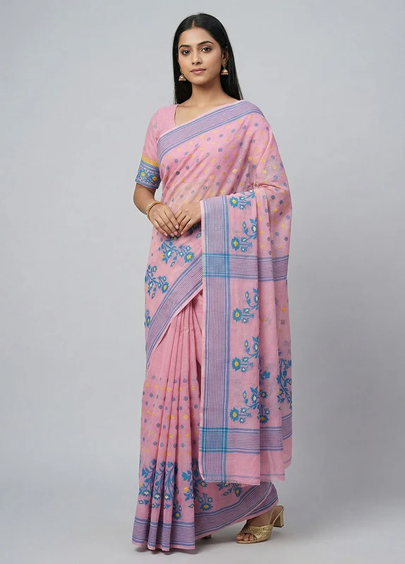 Pink Jamdani Cotton Saree Without Blouse Piece One Size