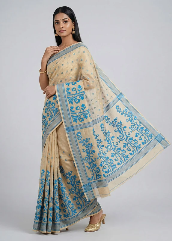 Pink Jamdani Cotton Saree Without Blouse Piece One Size