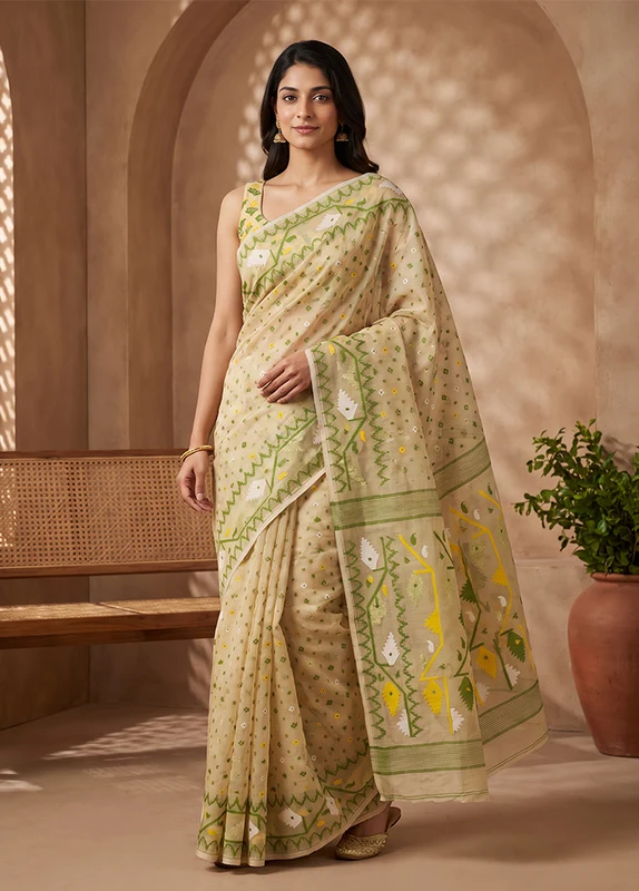 Cream Jamdani Cotton Saree Without Blouse Piece One Size