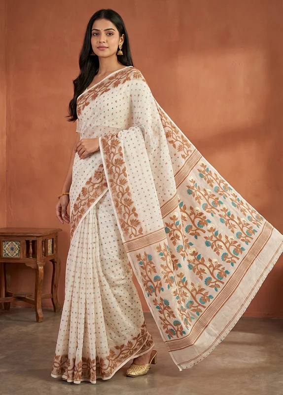 White Jamdani Cotton Saree Without Blouse Piece One Size