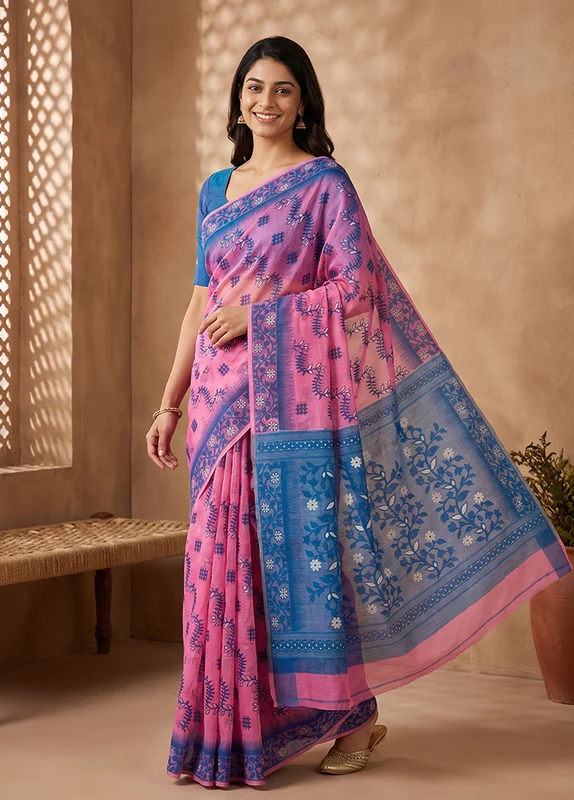 Blue Jamdani Cotton Saree Without Blouse Piece One Size