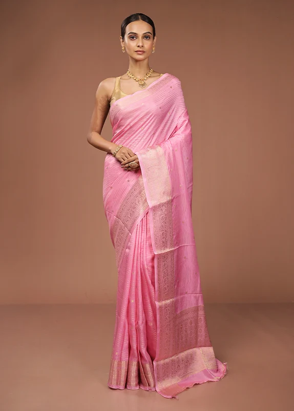 Pink Dupion Silk Saree With Blouse Piece One Size