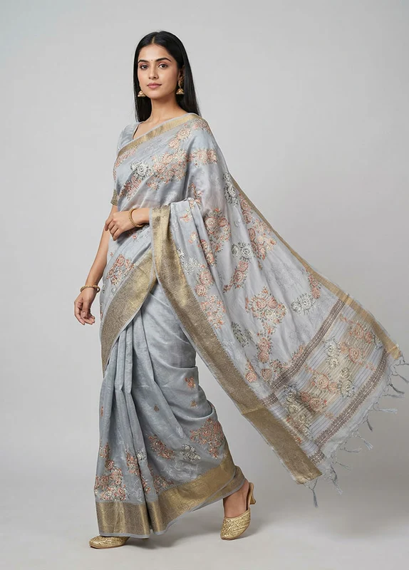 Grey Tissue Silk Saree With Blouse Piece One Size