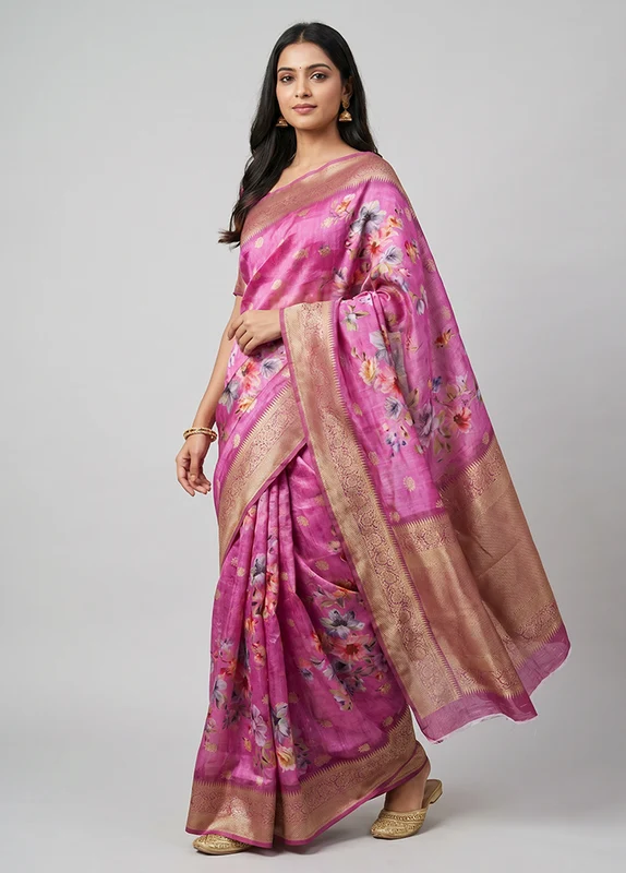 Pink Organza Saree With Blouse Piece One Size