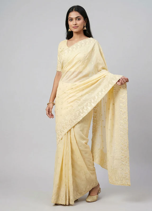 Cream Organza Saree With Blouse Piece One Size