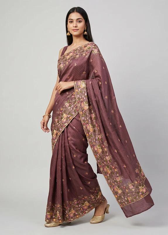 Maroon Organza Saree With Blouse Piece One Size