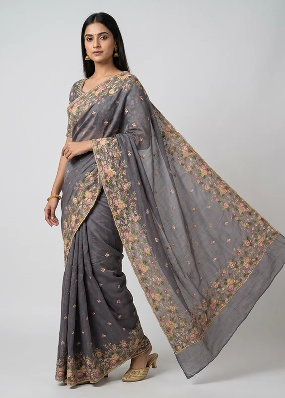 Grey Organza Saree With Blouse Piece One Size