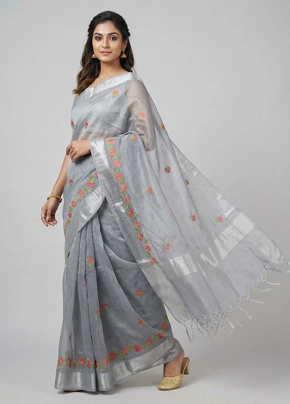 Silver Tissue Silk Saree With Blouse Piece One Size