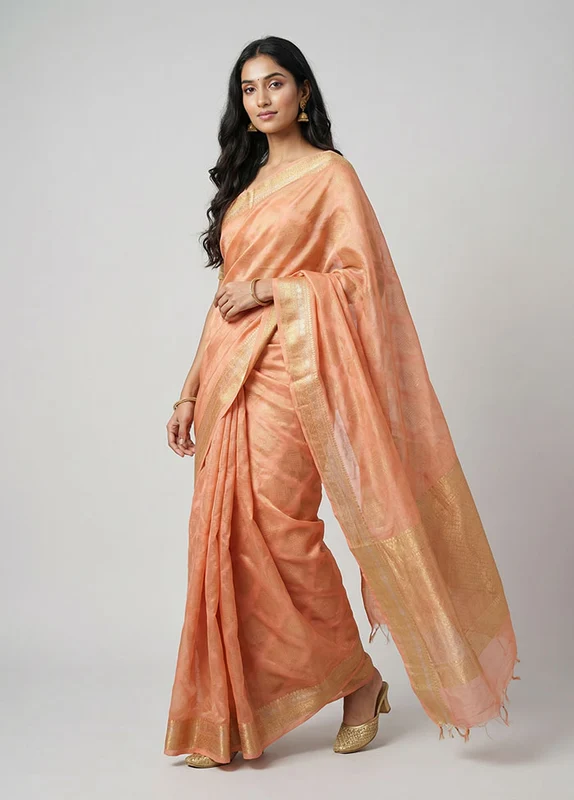 Orange Tussar Silk Saree With Blouse Piece One Size