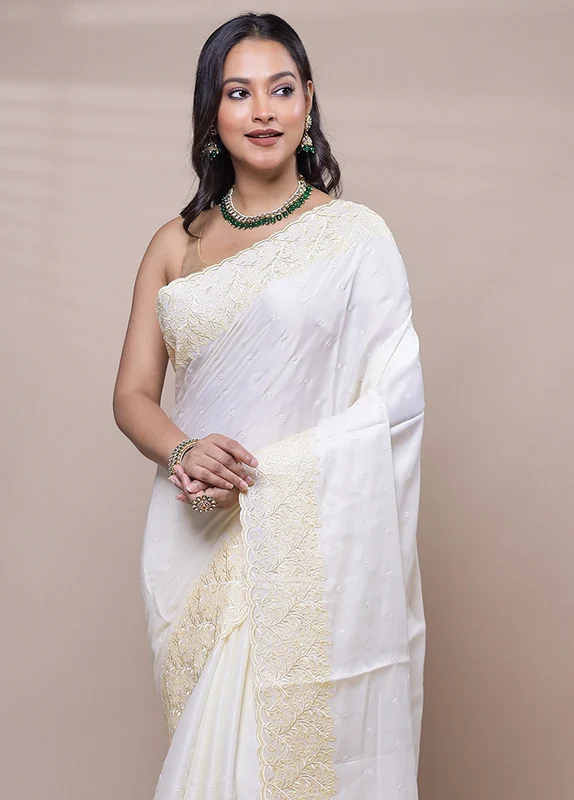 White Tussar Silk Saree With Blouse Piece Onesize