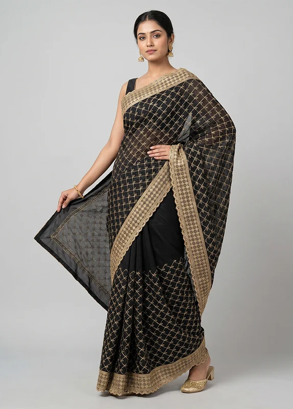 Black Tussar Silk Saree With Blouse Piece One Size