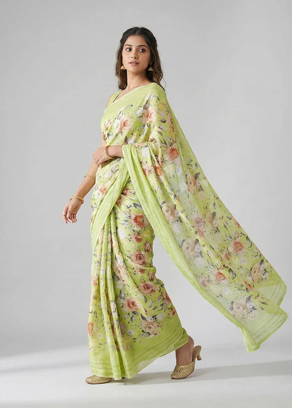 Green Tussar Silk Saree With Blouse Piece One Size