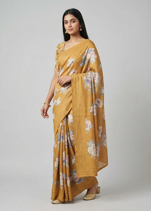 Yellow Tussar Silk Saree With Blouse Piece One Size