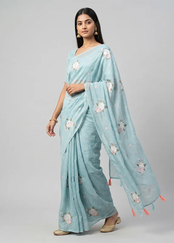 Blue Chiffon Silk Saree With Blouse Piece One Size