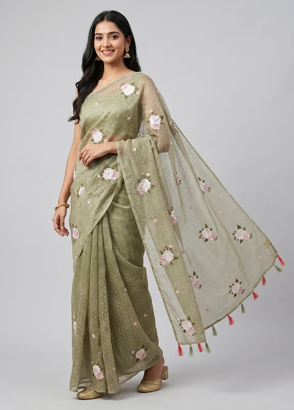 Green Chiffon Silk Saree With Blouse Piece One Size