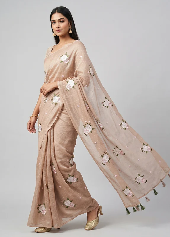 Pink Chiffon Silk Saree With Blouse Piece One Size