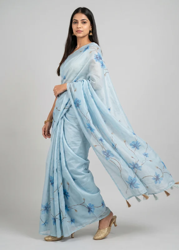 Blue Organza Saree With Blouse Piece One Size