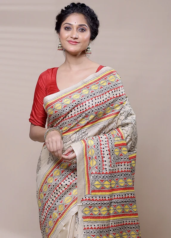 Cream Handloom Kantha Stitch Pure Silk Saree With Blouse Piece Onesize