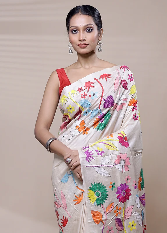 Cream Handloom Kantha Stitch Pure Silk Saree With Blouse Piece Onesize