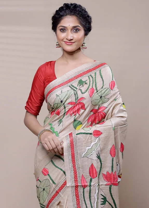 Cream Handloom Kantha Stitch Pure Silk Saree With Blouse Piece Onesize