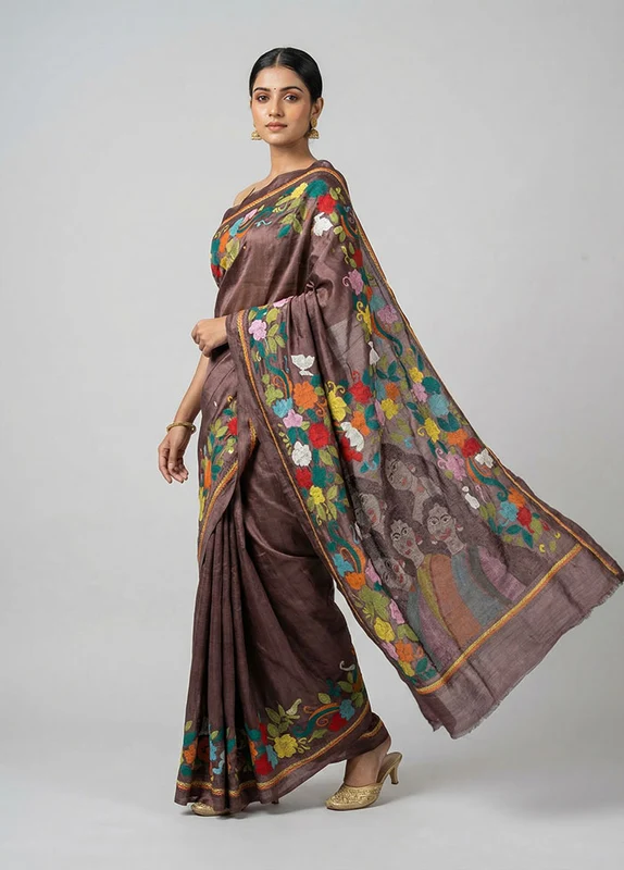 Maroon Handloom Kantha Stitch Pure Silk Saree With Blouse Piece One Size