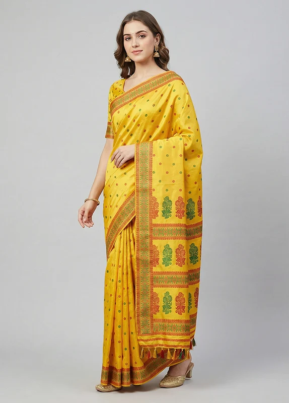 Yellow Handloom Assam Pure Silk Saree With Blouse Piece One Size