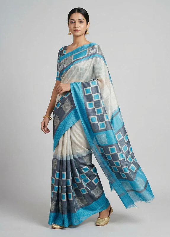 Cream Handloom Tussar Pure Silk Saree With Blouse Piece One Size