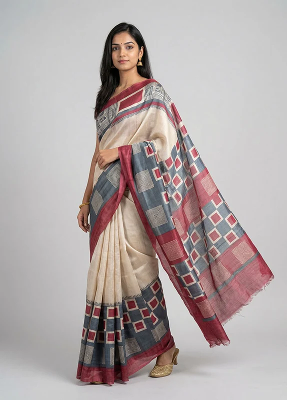 Cream Handloom Tussar Pure Silk Saree With Blouse Piece One Size