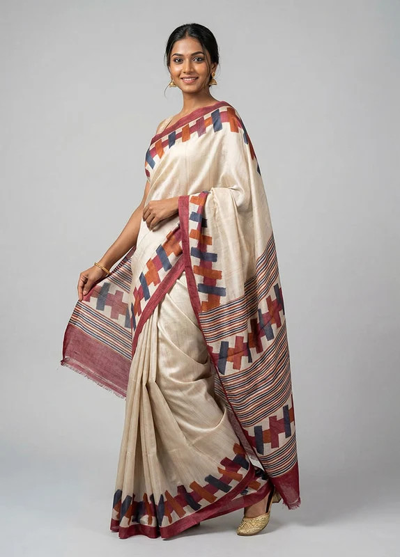 Cream Handloom Tussar Pure Silk Saree With Blouse Piece One Size