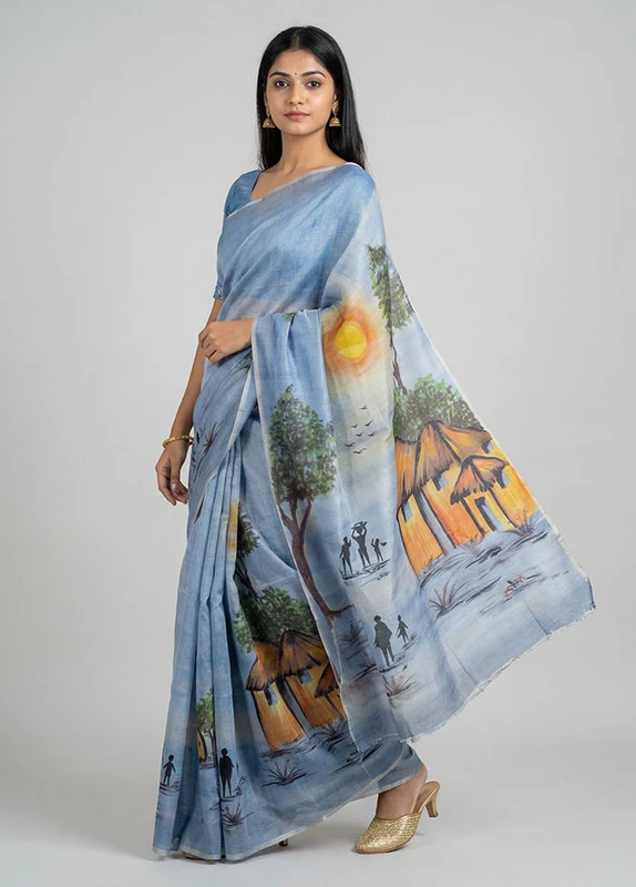 Blue Handloom Tussar Pure Silk Saree With Blouse Piece One Size
