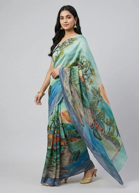 Green Handloom Tussar Pure Silk Saree With Blouse Piece One Size