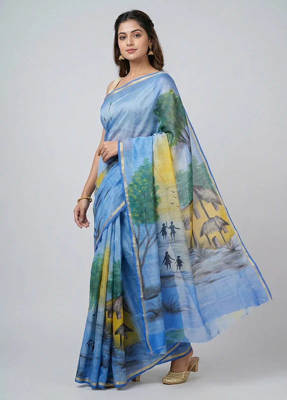 Blue Handloom Tussar Pure Silk Saree With Blouse Piece One Size