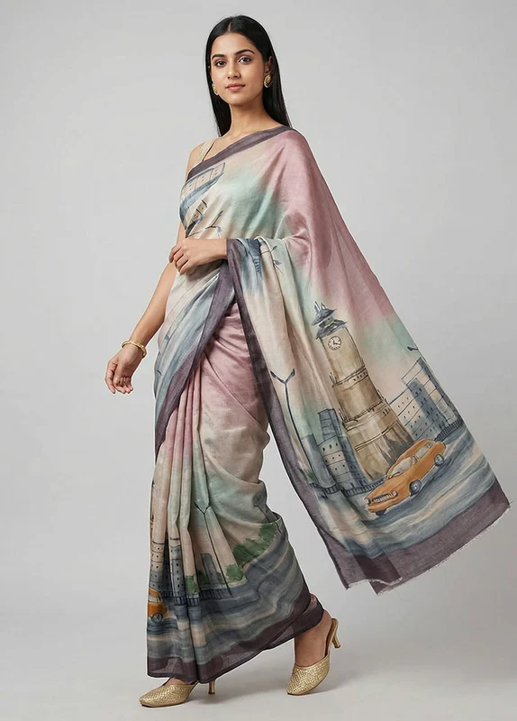 Cream Handloom Tussar Pure Silk Saree With Blouse Piece One Size
