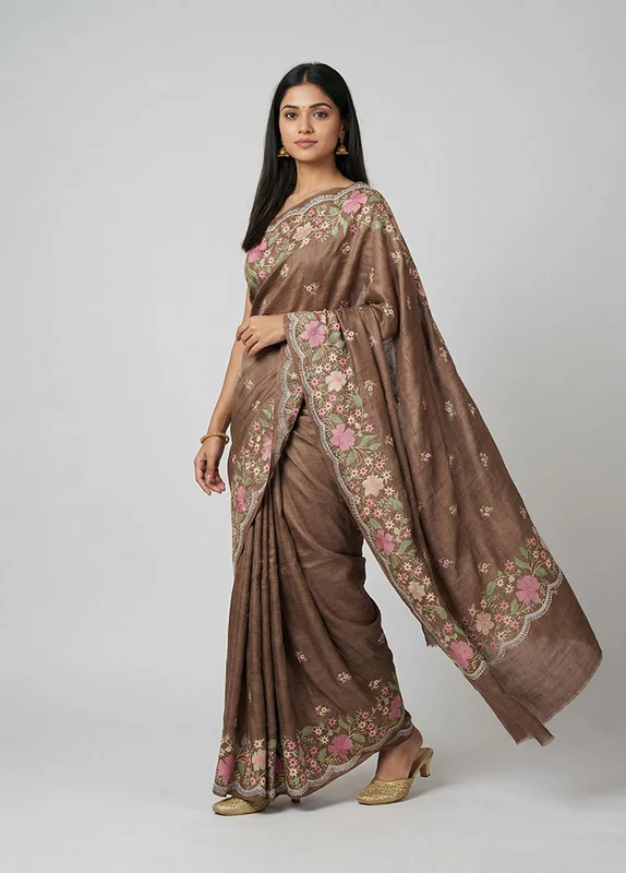 Brown Handloom Tussar Pure Silk Saree With Blouse Piece One Size