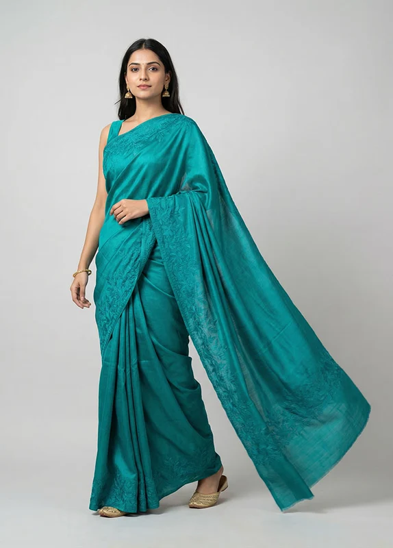 Green Handloom Tussar Pure Silk Saree With Blouse Piece One Size