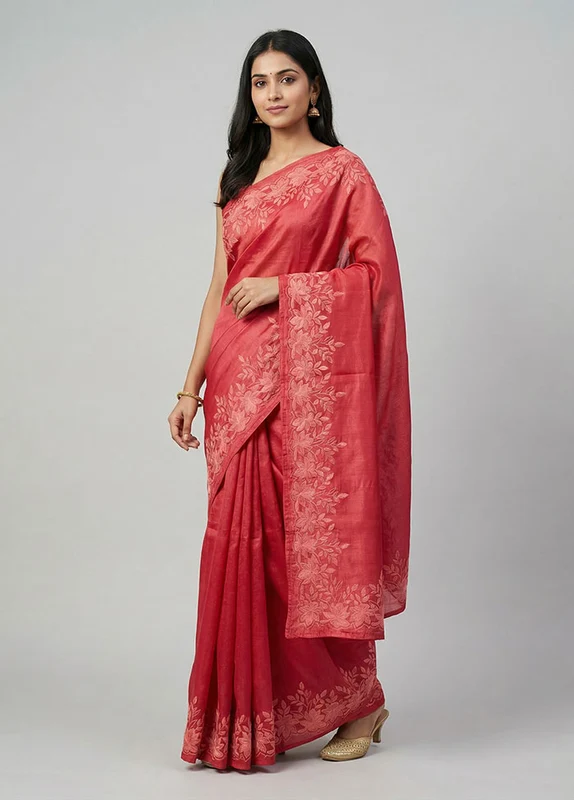 Pink Handloom Tussar Pure Silk Saree With Blouse Piece One Size