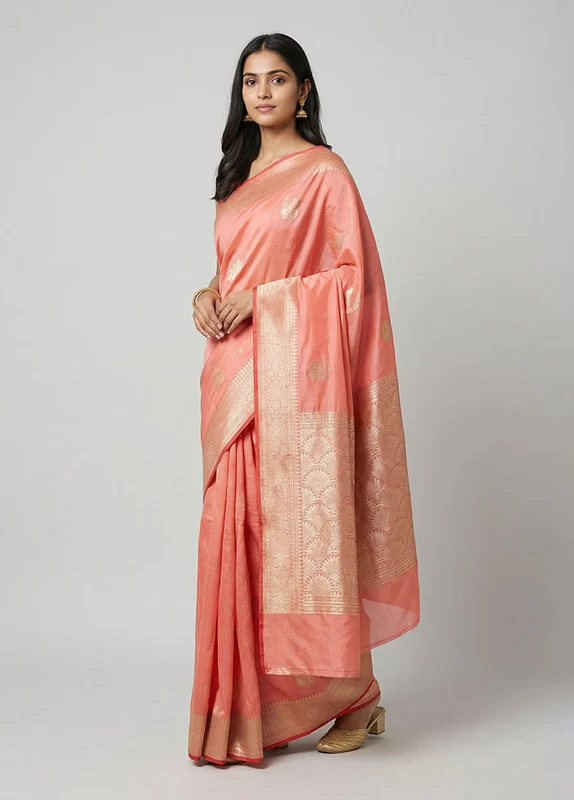 Pink Dupion Silk Saree With Blouse Piece One Size