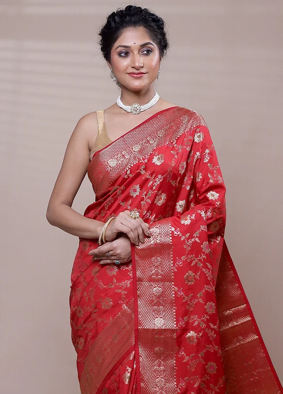 Red Dupion Silk Saree With Blouse Piece Onesize