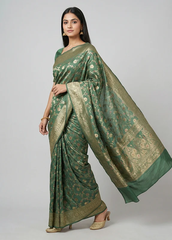 Green Dupion Silk Saree With Blouse Piece One Size