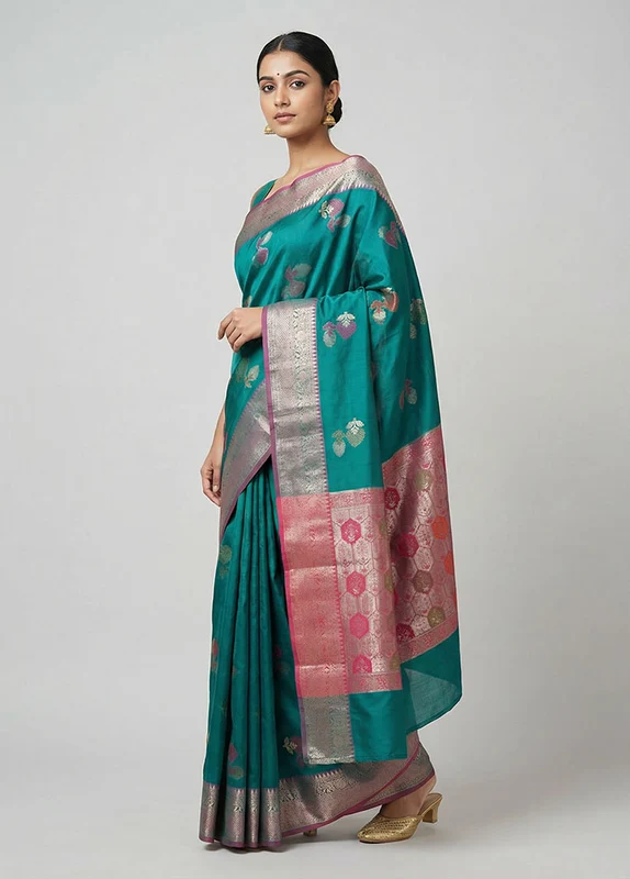 Green Dupion Silk Saree With Blouse Piece One Size