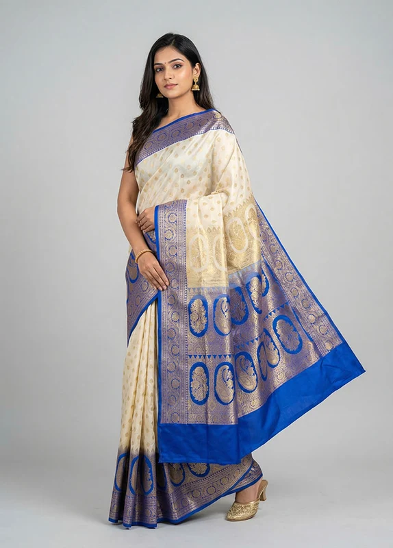 Cream Banarasi Silk Saree With Blouse Piece One Size