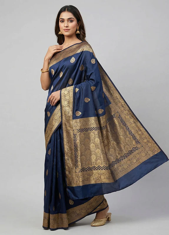 Blue Banarasi Silk Saree With Blouse Piece One Size