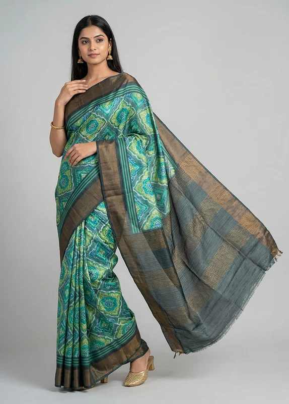 Green Handloom Tussar Pure Silk Saree With Blouse Piece One Size