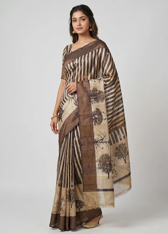 Brown Handloom Tussar Pure Silk Saree With Blouse Piece One Size