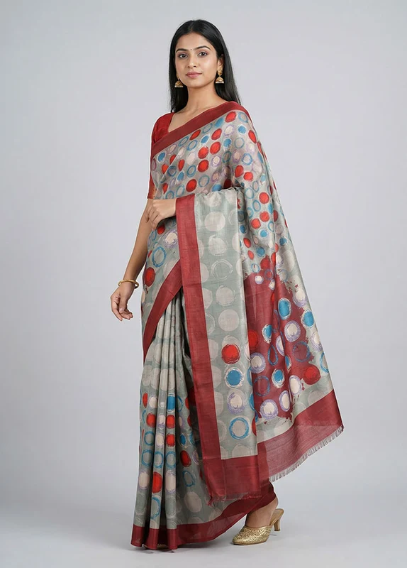 Green Printed Silk Saree Without Blouse Piece One Size