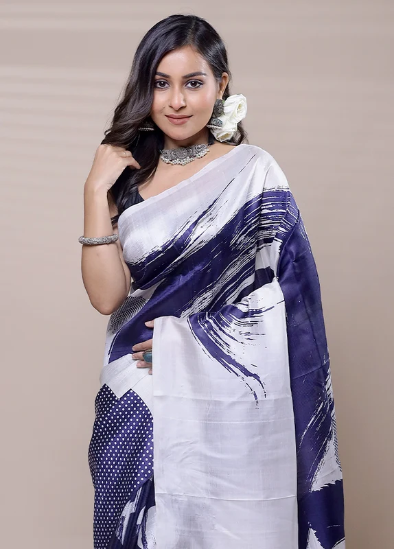 White Printed Silk Saree With Blouse Piece Onesize